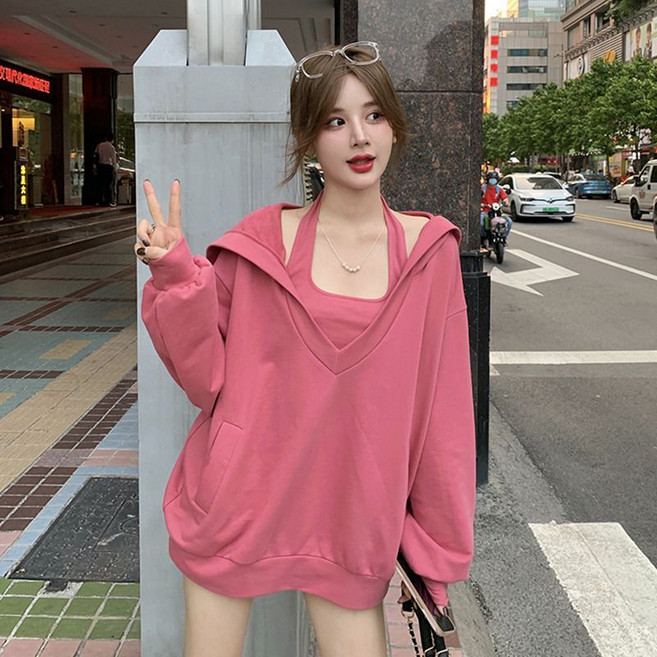 여성 나시 맨투맨 투피스 루즈핏 롱 티셔츠 빅사이즈 브이넥 맨투맨 봄여름 데일리