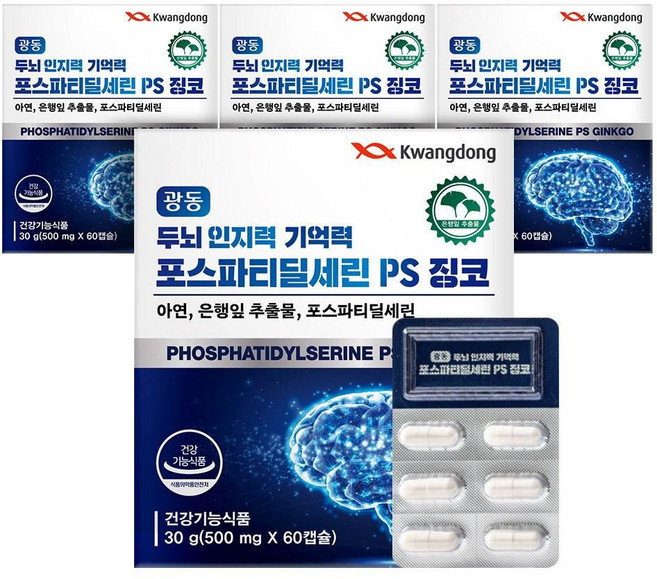 광동 두뇌 인지력 기억력 포스파티딜세린 PS 징코 은행잎 추출물 혈행개선, 4개, 60정