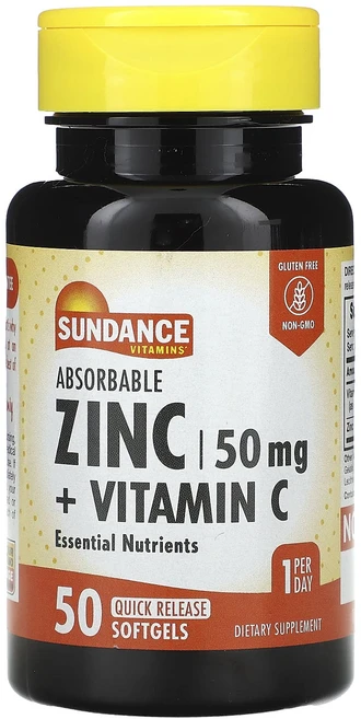 단백질 비타민 철분 마그내슘 칼슘 Sundance Vitamins 흡수성 아연 + 비타민C 빠른 방출 소프트젤 50정 고루고루섭취해주세요, SundanceVitamins흡수성아연비타민C빠른방출소, 1개 - 쿠팡