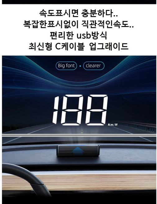 차량용 헤드업디스플레이 HUD 속도표시기 GPS 편리한USB타입, 1개, c타입화이트