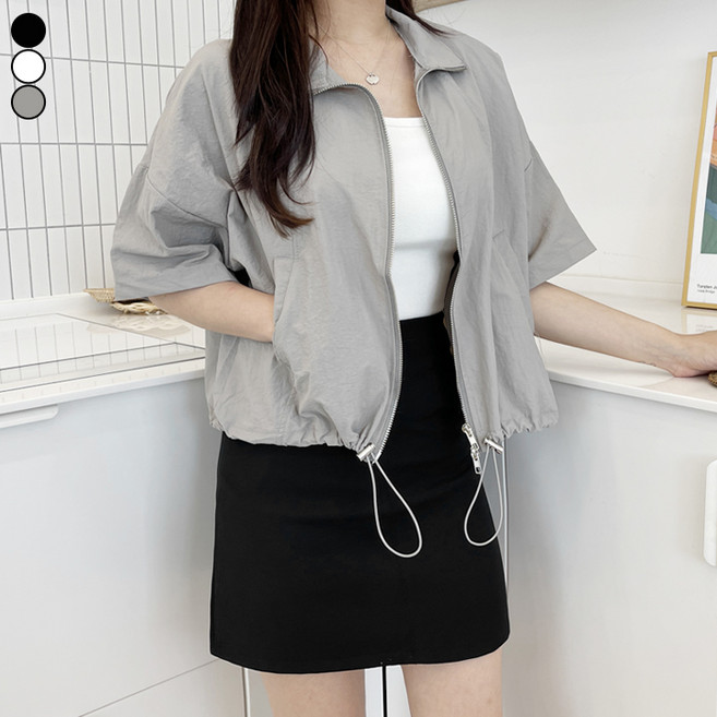 가비진 여성용 기분 좋은 바스락 재질의 반팔 바람막이 집업 밑단 스트링 포인트 자켓