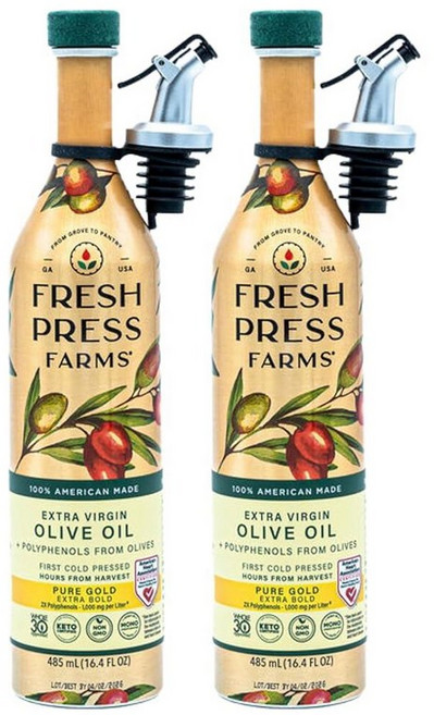 Fresh Press Farms 냉압착 하이 폴리페놀 퓨어 골드 엑스트라 버진 올리브 오일 500ml(16.4온스) (2팩) 조지아 재배 100% 미국산 비정제 Who, 4) 마일드., 485ml