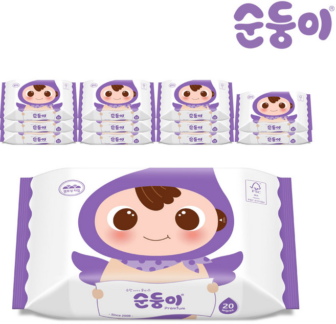 순둥이 프리미엄 엠보싱 아기물티슈 휴대용 캡형 20매x12팩 (cE휴12), 65g