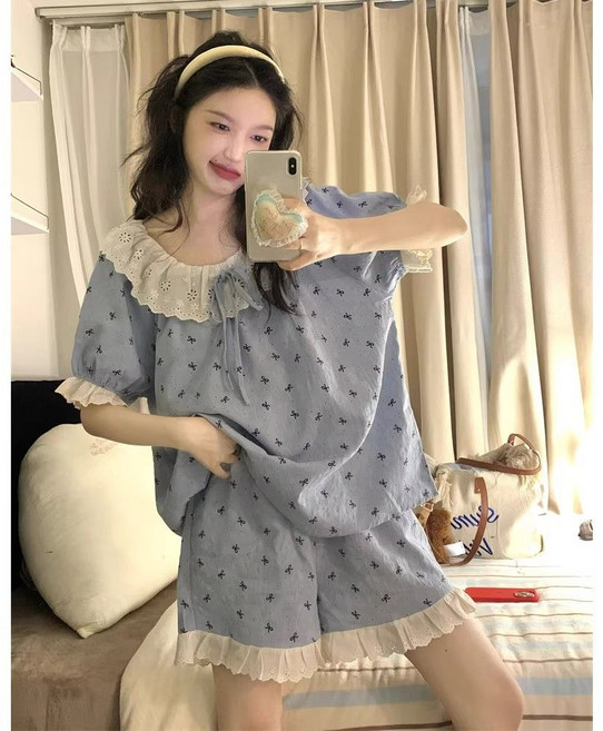 여성용 여름 린넨 소재 레이스 장식 반팔 반바지 잠옷 세트 편안한 이지웨어 캐주얼 홈웨어 투피스