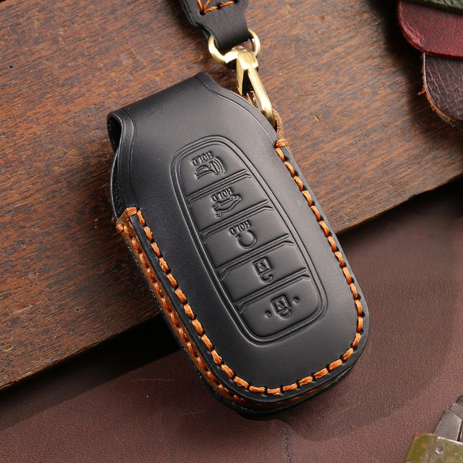 벤오토 현대 펠리세이드 싼타페 TM 아반떼 CN7 호환 스마트키 가죽케이스 현대 5버튼 키링 키홀더 (S2-HD5), 블랙