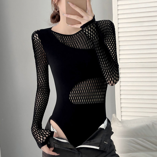 ROYALBELLE 여성 슬림핏 컷아웃 시스루 메쉬 긴팔 백오픈 등트임 라운드넥 바디수트
