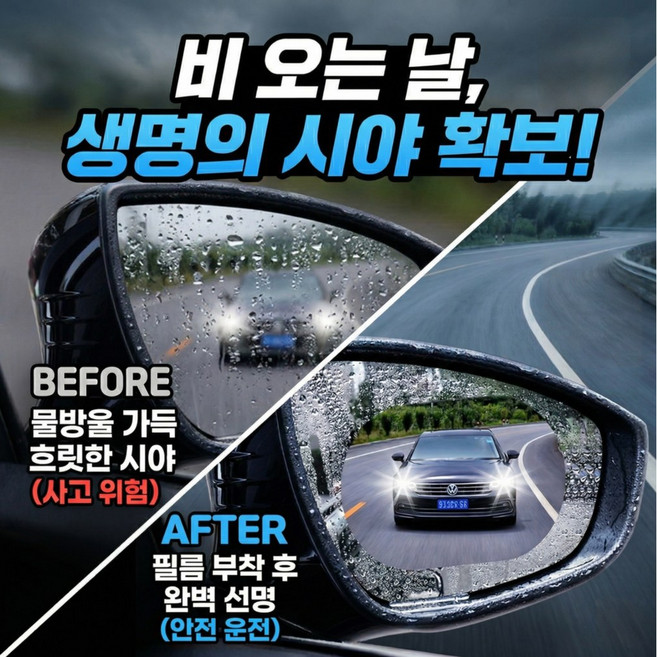 포더원 차량용 시야확보 사이드미러 방수 필름 빗길 안전 운전 스크래치 방지 필름, 2개, 타원형 150-100mm