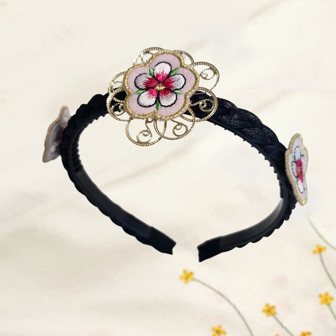 꽃누리 자수 한복 머리띠 아동 성인 배씨댕기 명절 헤어장식 분홍색