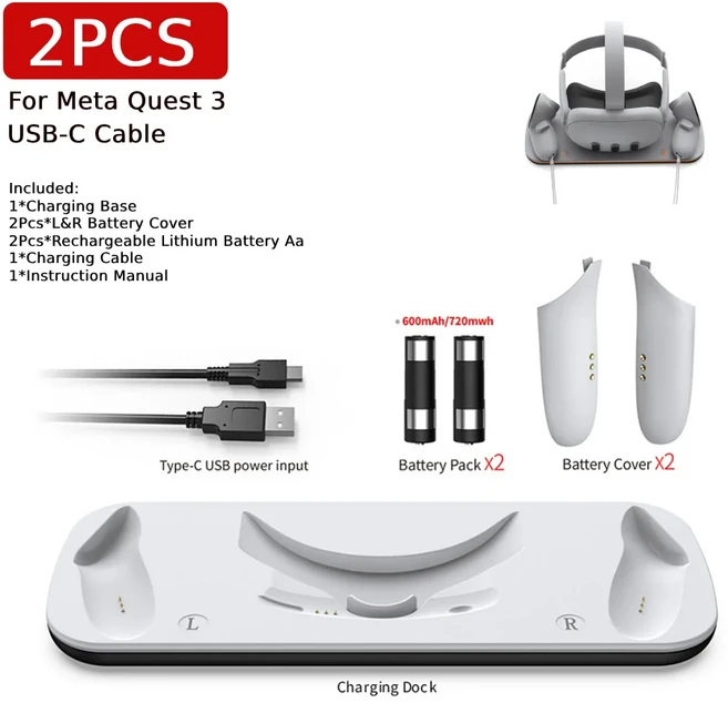 VR 헤드셋 컨트롤러 충전 도크 급속 배터리 2 개 포함 메타 퀘스트 3 용 USB-C 케이블 1 개, 01 CHINA, 02 2Pcs