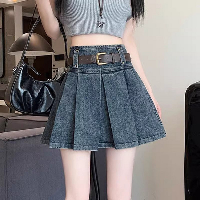 Makone 여성 하이웨이스트 플리츠 A라인 데님 미니 스커트 데일리 큐티 짧은 주름 청치마 스쿨룩