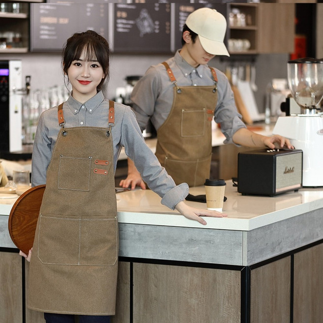 꿈알상점 방수 면 여름 남자 앞치마 까페 바리스타 매장 커피숍, 1개, 브라운