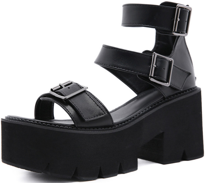 버클 삼선 글래디에이터 통굽 가보시 하이힐 샌들