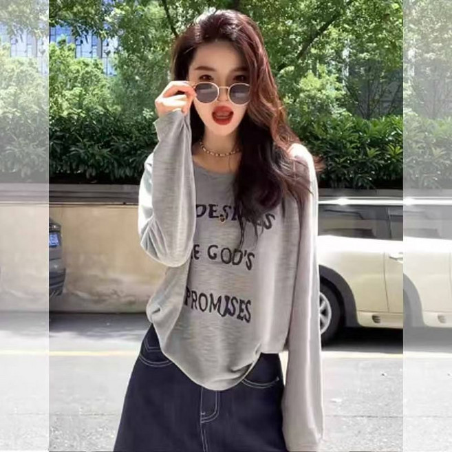 COSYEVNO 여성 봄 여름 라운드넥 레터링 루즈핏 긴팔 티셔츠 BCX-9