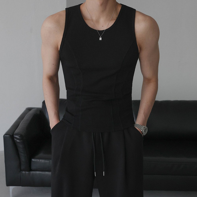 컷팅 골지 머슬핏 스판 슬라브리스 나시(4color)