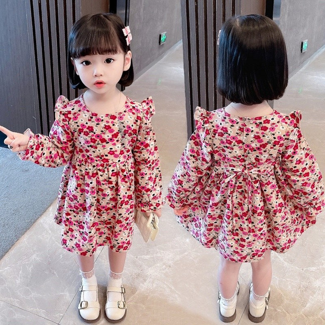 萱寶媽咪baby童裝館 限量韓版兒童薄款長袖滿印連身裙 女童小飛袖碎花連衣裙 兒童滿版愛心洋裝 長袖碎花飛袖 可愛日系童裝熱銷童裝