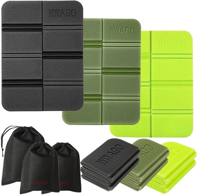 와고 휴대용 등산 방석 3개 친환경 초경량 1인용 미니 한강 축제 엉덩이방석, 블랙 카키 형광그린