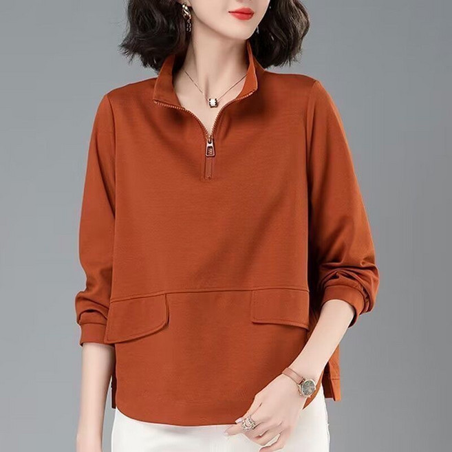 중년 여성 긴팔 티셔츠 봄 가을 캐주얼 엄마 긴팔티 루즈핏 여자 반집업 순면 상의 WXY