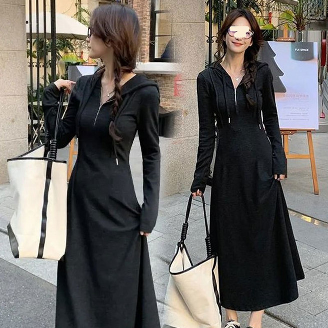 여성 봄가을 긴팔 후드 원피스 캐주얼 스포티 스타일yy