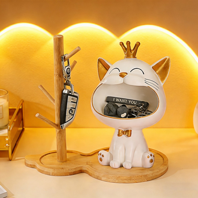 LOKEXING 열쇠 보관함 고양이 현관 장식품 우드 차키 악세사리 행거 1세트 럭키샵 행운 이사 집들이 선물세트, 화이트
