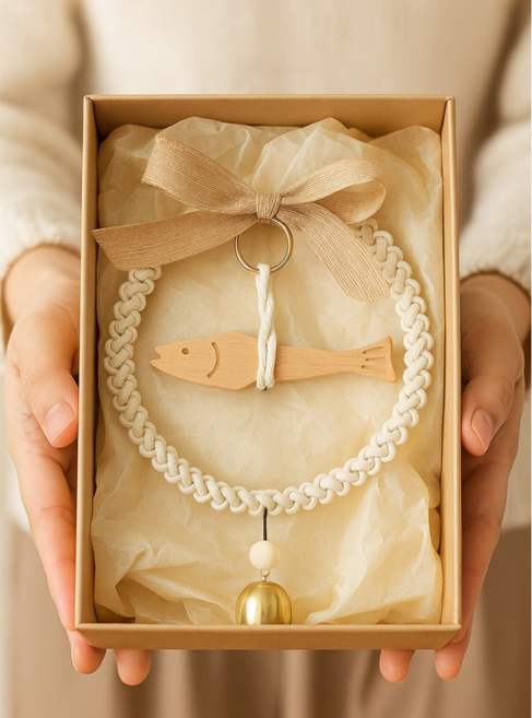 온더템 행운 액막이 명태 북어 도어벨 현관 인테리어 집들이 개업 이사 축하 선물, 우드