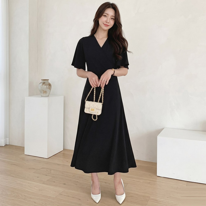 프롬코 여성 여름 반팔 랩셔링 스판 플레어 롱 원피스 FRC248