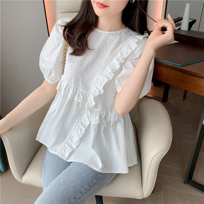 쩐쿠 여름 여성 라운드넥 반팔 빅사이즈 블라우스 8089