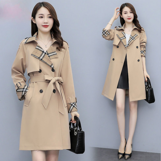 Choyur여성 체크무늬 트렌치코트 더블버튼 벨트 봄가을 롱자켓