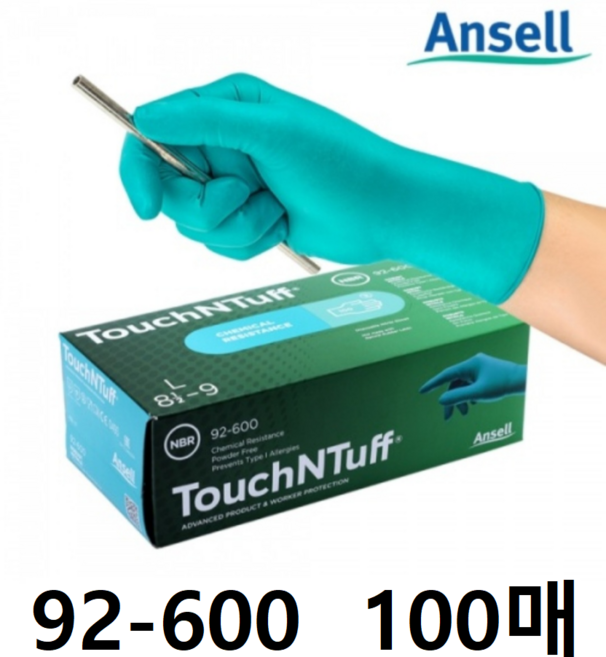 안셀 일회용 내화학장갑 터치앤터프 100매입 92-600 니트릴 TouchNTuff, Green