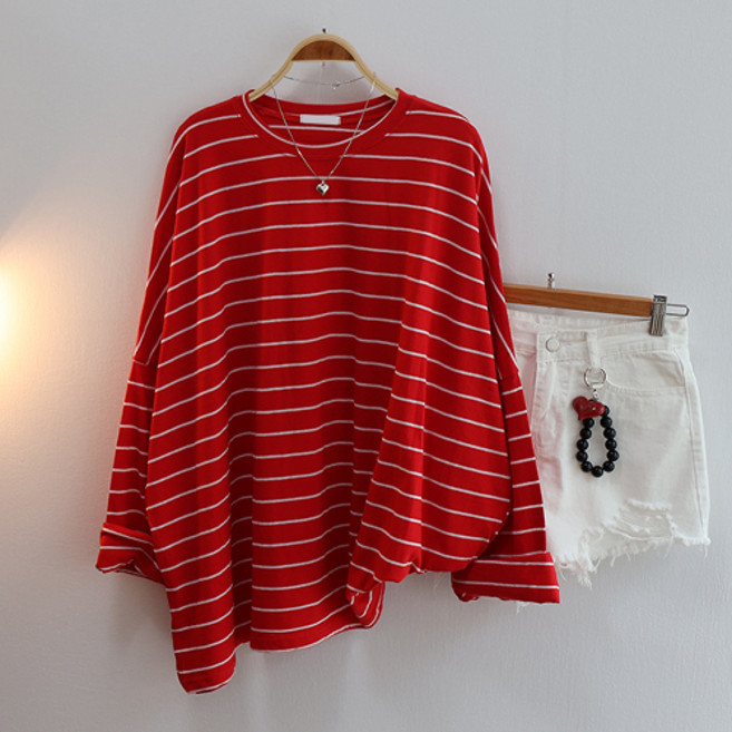 스카이코코 얇은 긴팔 티셔츠 스트라이프 버블단박스티