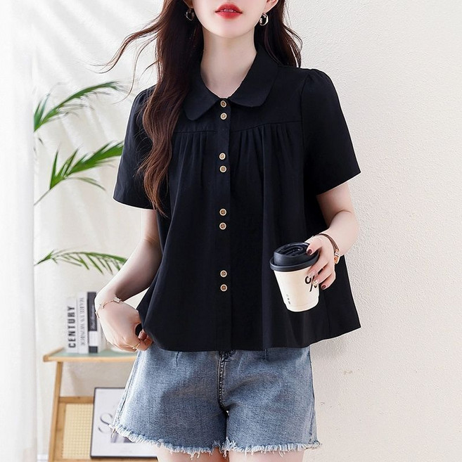 PETITBATH 봄여름 여성 러블리 카라 플리츠 A라인 반팔 블라우스 골드버튼 20250716 XFS WH 4213