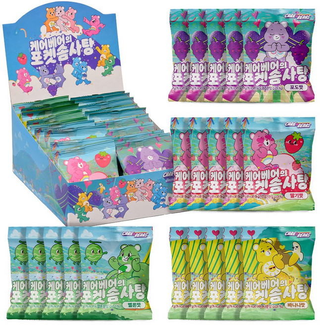 스낵스 한입 포켓 솜사탕 케어베어 딸기 x 5p + 포도 x 5p + 멜론 x 5p + 바나나 x 5p 세트, 80g, 1세트