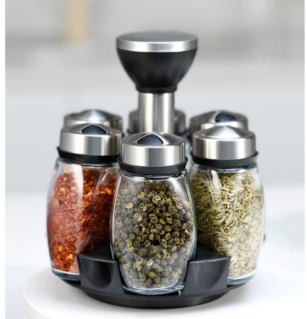 양념 저장통 소금통 360도 회전 양념통세트 주방 유리 보관용기 세트 YHY, 6칸, 1개