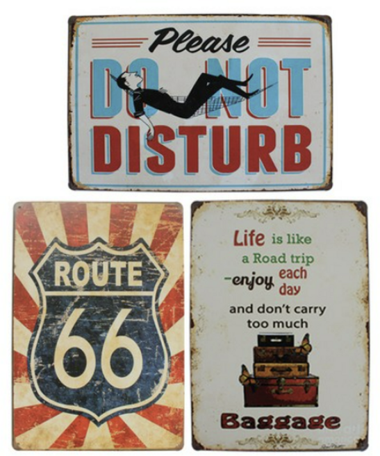 퍼닉 빈티지 틴액자 3p 세트 여행가방 + 루트66 + 방해하지마, 혼합색상 3개