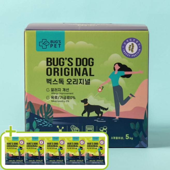 벅스펫 벅스독 강아지곤충사료 보더콜리 프렌치불독 골든리트리버 눈물 노견사료 5kg, 벅스독 오리지날5kg+샘플사료5개