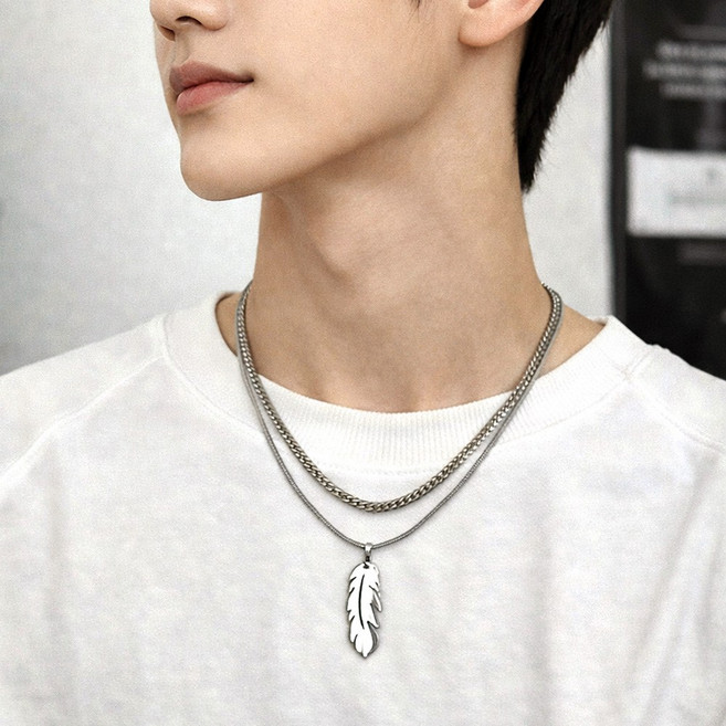 일호장신구 남자 목걸이 빈티지 무드 깃털 더블 체인 써지컬 스틸 유니크 심플 캐쥬얼
