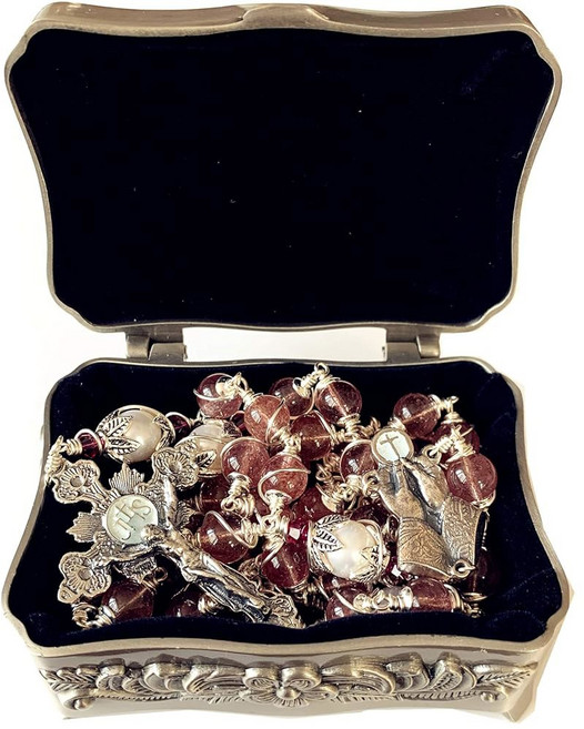 우아한 용 수제 의심할 여지 없는 딸기 크리스탈 비즈 & 본래 AAA10mm 진주 스털링 925 실버 묵주 목걸이 크루시픽스 박스 가톨릭 선물