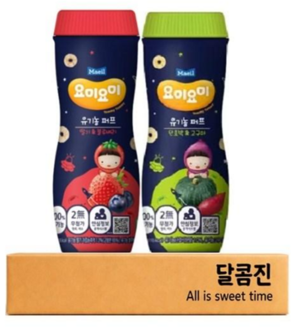 [달콤진] 매일유업 요미요미 유기농퍼프 딸기&블루베리 + 단호박&고구마, 혼합맛(딸기/블루베리, 단호박/고구마), 42g, 1세트