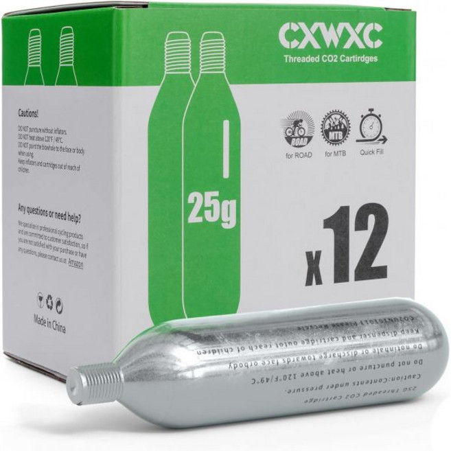 CXWXC 16g / 25g 나사형 CO2 카트리지 또는 펌프 자전거 타이어용 연결이 있는 인플레이터용 카트리지 로드 및 산악 자전거용, 25g 12 팩