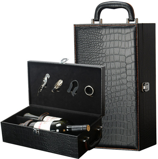 고급 가죽 하드 와인케이스 2구 와인가방 도구세트, 블랙, 1개