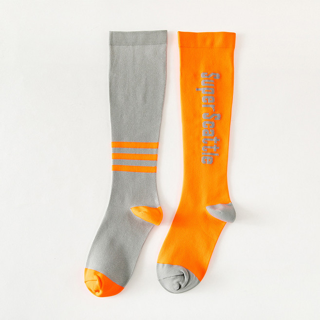 여성 짝짝이 스포츠 압박 니삭스, 회색+주황색, 1세트