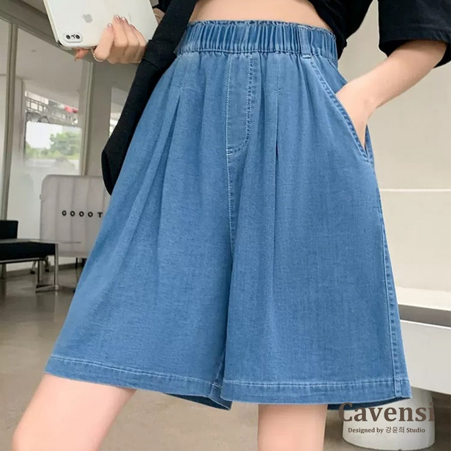 Cavensi 萊賽爾冰絲牛仔短褲女 涼感大尺碼五分褲