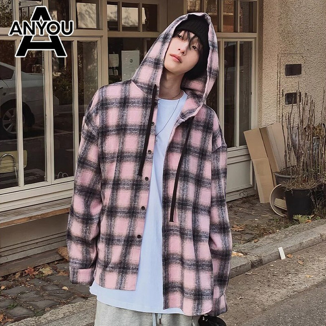 ANYOU 남성 봄가을 셔츠 체크 후드 남방 루즈핏 롱슬리브 구김없는 데일리 캐주얼 스트릿 스타일 상의 코트