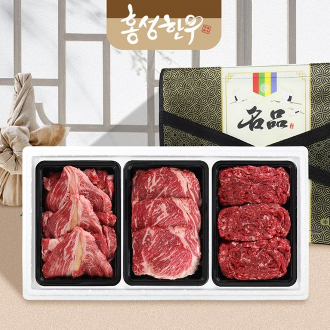 [홍성한우] 1등급 암소 다온 구이혼합 선물세트 6호 1.2kg(등심400채끝400불고기400), 1개