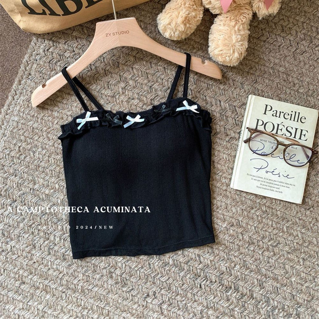 Asure 여성 스위트 레이스 리본 꽈배기 끈나시 캡내장 슬림 이너 상의