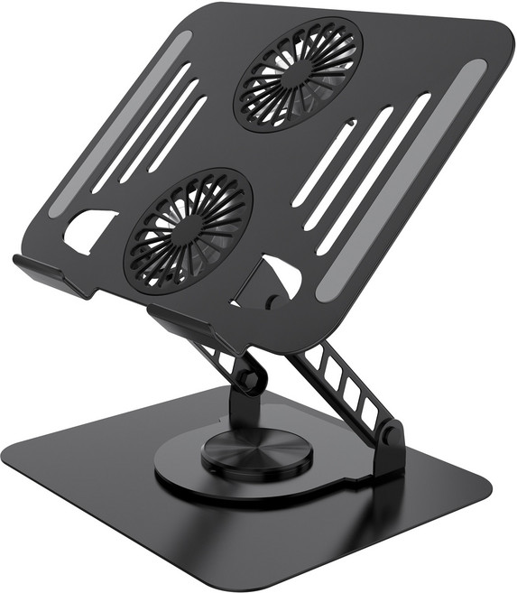 RUNDX 접이식 회전 듀쿨링팬 높이조절 휴대용 노트북 거치대, 블랙, 1개