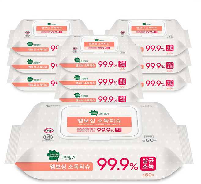 그린핑거 엠보싱 소독티슈 캡형, 60매, 10개