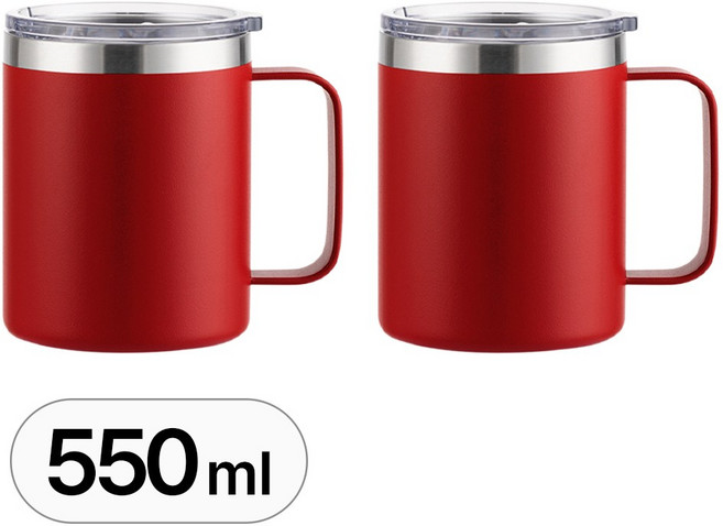 1+1 강력 보온 머그컵 텀블러 세트 뚜껑있는 머그 잔 스텐 보냉 컵 물컵 뚜껑 손잡이 스텐컵 보틀 병 컵텀블러 뚜껑컵 텀블러컵 리유저블 보온컵 2p 커플 물병 휴대용, R99858R(레드 2개입, 1개, 550ml