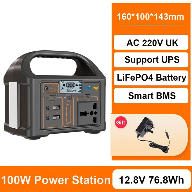가이아레이 휴대용 발전소 100W 태양광 발전기 76.8Wh 리튬인산철 배터리 충전소 AC 220V 110V 캠핑용 파워, 100W 220V UK
