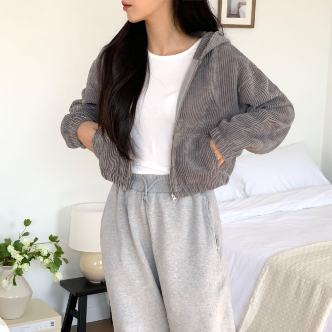 풀루스 여성 소프트터치 코듀로이 세미크롭 후드집업