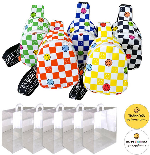 [KC인증] 유치원 어린이집 생일 선물 답례품 포장 세트 단체 구디백 유아 슬링백 키즈 어린이 아동 크로스백, 색상혼합, 5개